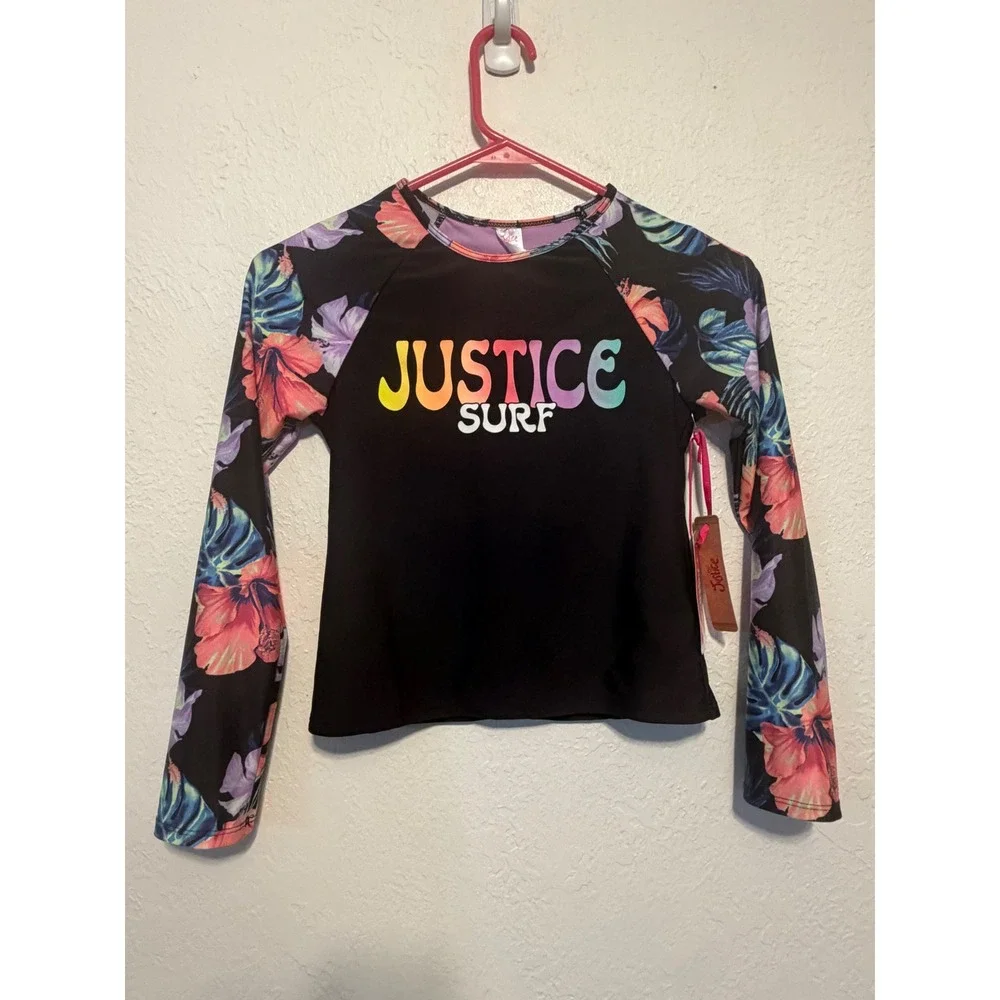 Justice Girls Retro Surf Rash Guard Swim Top Black Floral UPF 50+ Size L 12/14